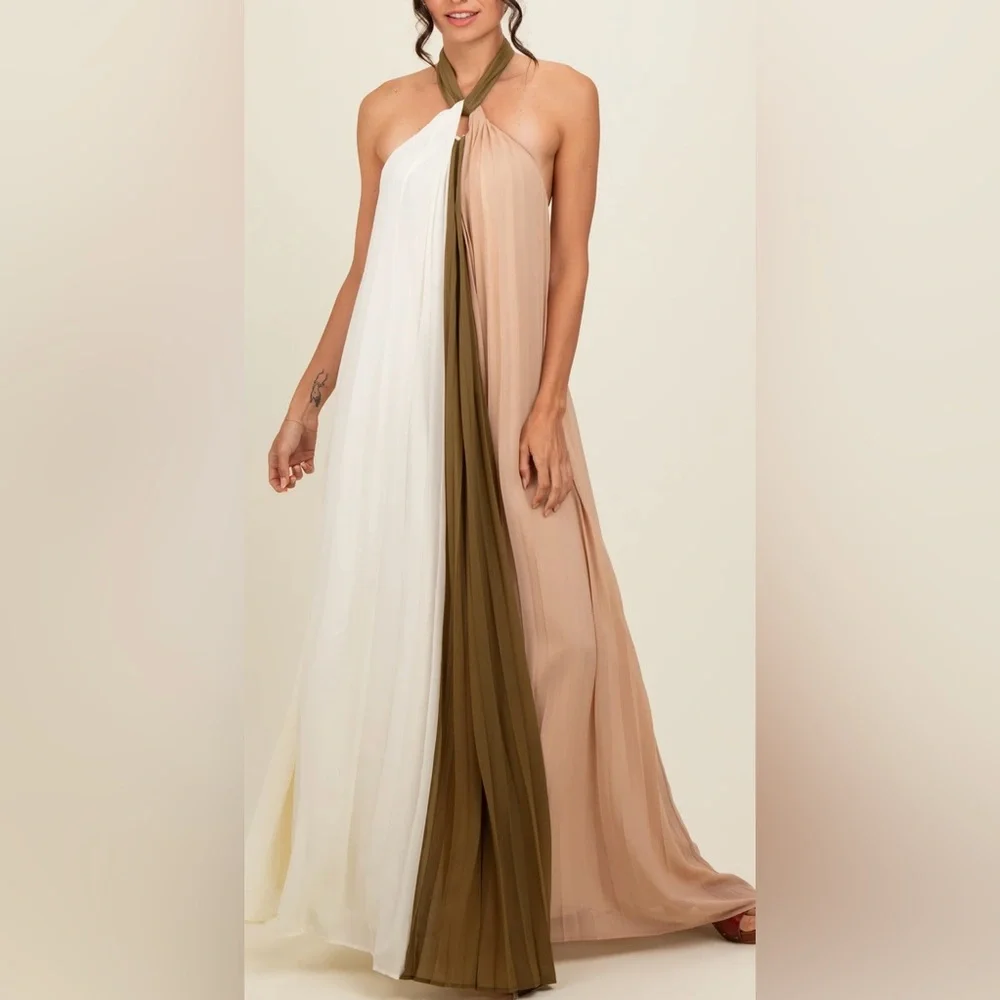 Pinkblush Olive Colorblock Pleated Halter Neck Maternity Maxi Dress Size Large - Picture 2 of 4